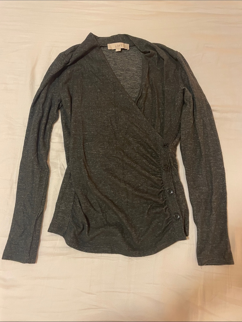 LOFT Dark Gray Wrap-Style Long Sleeve Top with Side Buttons